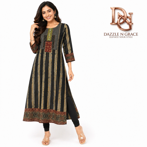 Black Olive Striped Rayon Silk Long Kurti with Embroidered Yoke