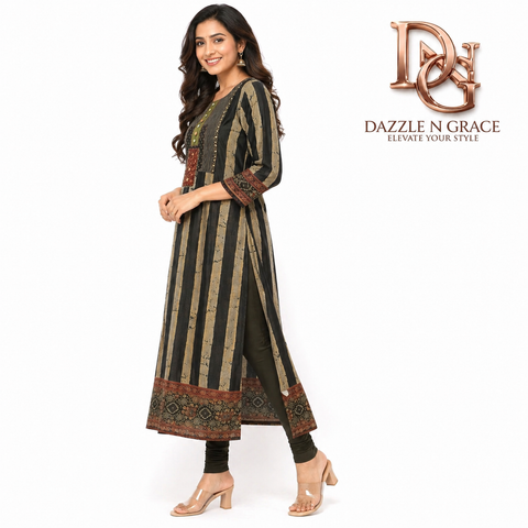 Black Olive Striped Rayon Silk Long Kurti with Embroidered Yoke