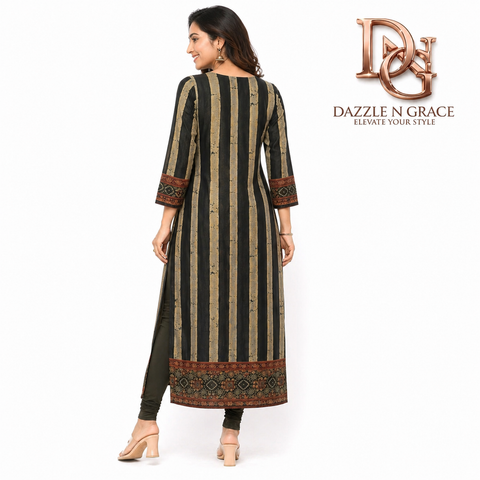 Black Olive Striped Rayon Silk Long Kurti with Embroidered Yoke