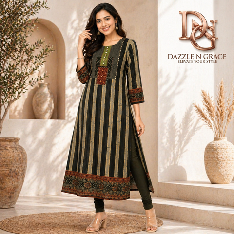 Black Olive Striped Rayon Silk Long Kurti with Embroidered Yoke