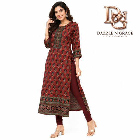 Maroon Mughal Booti Print Straight Long Kurti