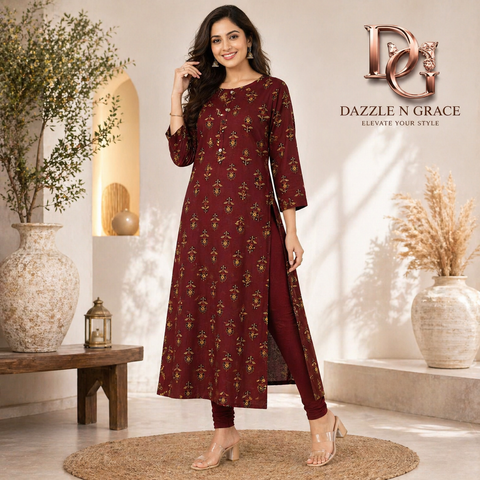 Maroon Floral Booti Print Synthetic Rayon Long Kurti