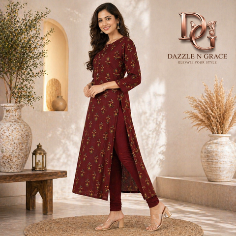 Maroon Floral Booti Print Synthetic Rayon Long Kurti