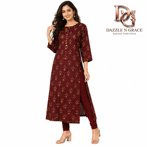 Maroon Floral Booti Print Synthetic Rayon Long Kurti