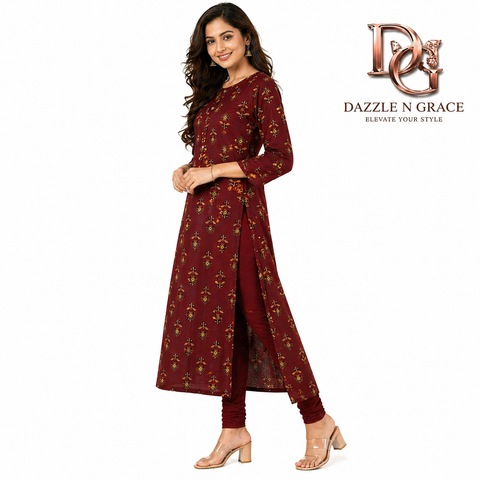 Maroon Floral Booti Print Synthetic Rayon Long Kurti