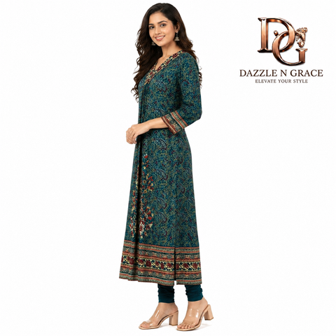 Teal Mughal Jaal Print Synthetic Dress Style Long Kurti