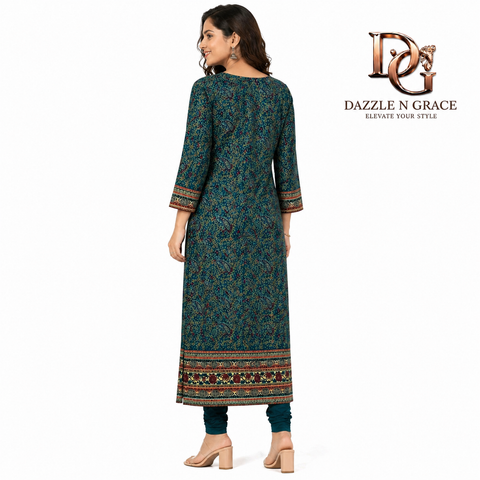 Teal Mughal Jaal Print Synthetic Dress Style Long Kurti