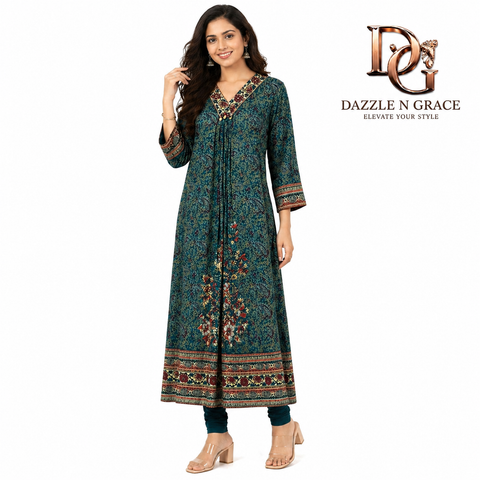 Teal Mughal Jaal Print Synthetic Dress Style Long Kurti