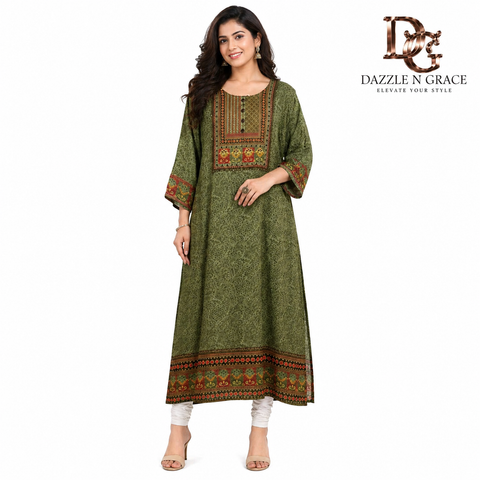 Elegant Olive Green Printed Kurti with Embroidered Yoke