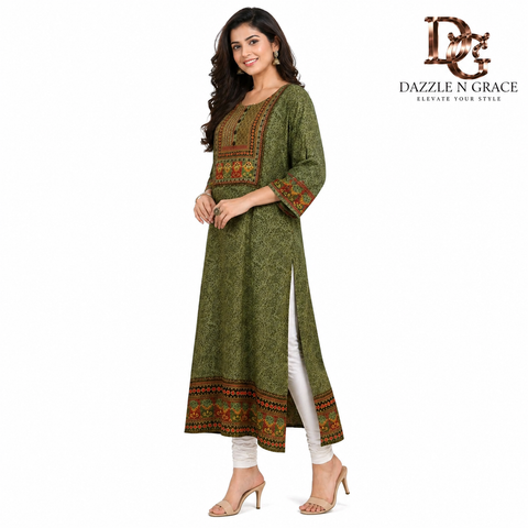 Elegant Olive Green Printed Kurti with Embroidered Yoke
