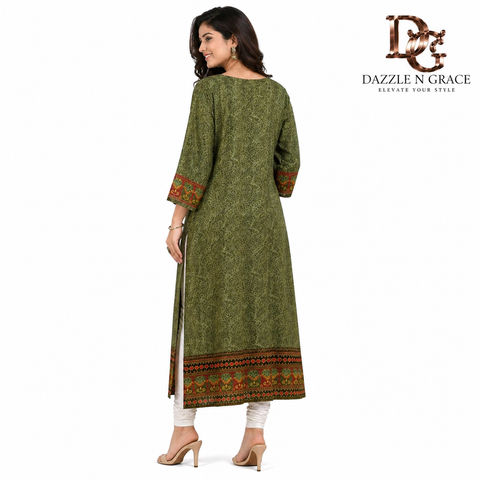 Elegant Olive Green Printed Kurti with Embroidered Yoke