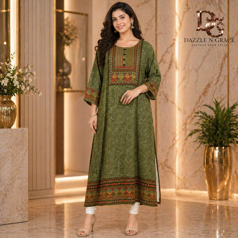 Elegant Olive Green Printed Kurti with Embroidered Yoke