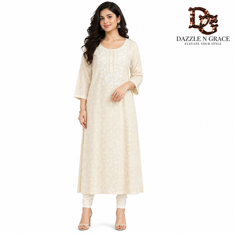 Off-White Cotton Linen Kurti with Mirror Work and Pintuck Detailing