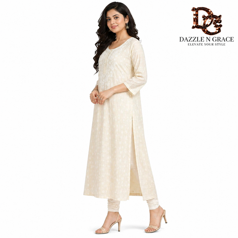 Off-White Cotton Linen Kurti with Mirror Work and Pintuck Detailing
