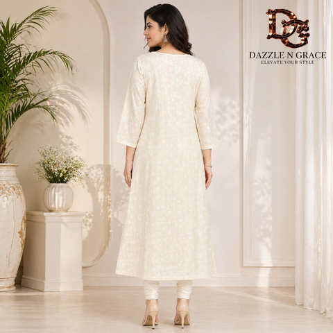 Off-White Cotton Linen Kurti with Mirror Work and Pintuck Detailing