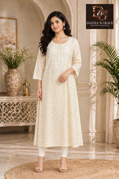 Off-White Cotton Linen Kurti with Mirror Work and Pintuck Detailing