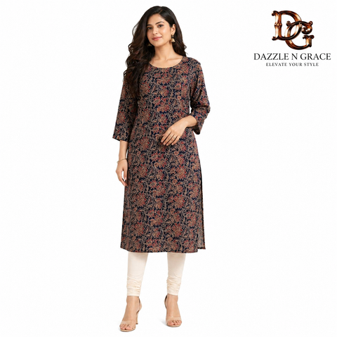 Indigo Floral Jaal Kurta with Contrast Chevron Placket | Beige Rust Highlights Straight Calf Length | Everyday Festive