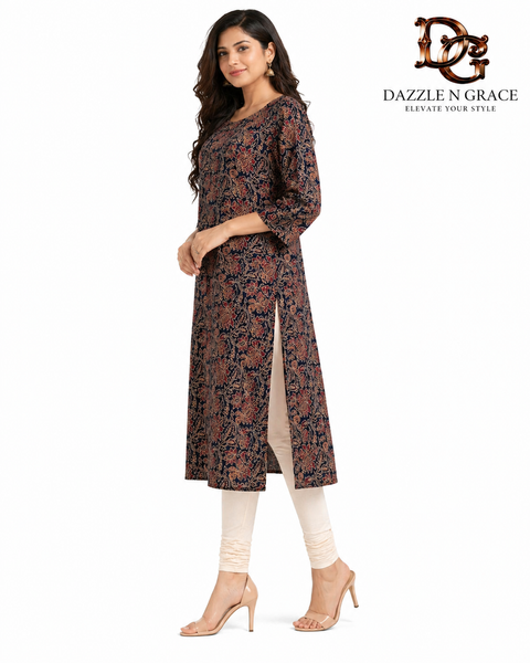 Indigo Floral Jaal Kurta with Contrast Chevron Placket | Beige Rust Highlights Straight Calf Length | Everyday Festive