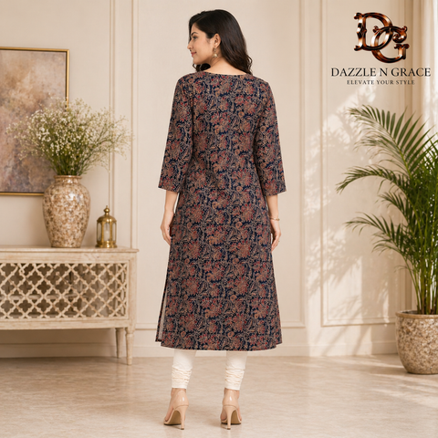 Indigo Floral Jaal Kurta with Contrast Chevron Placket | Beige Rust Highlights Straight Calf Length | Everyday Festive
