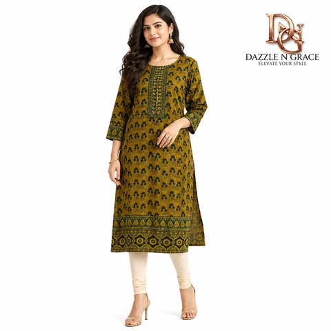 Mustard Yellow Floral Block Print Kurti