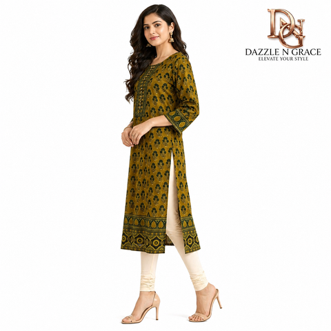 Mustard Yellow Floral Block Print Kurti
