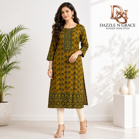 Mustard Yellow Floral Block Print Kurti