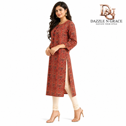 Terracotta Ajrakh-Geometry Kurta with Chevron Placket