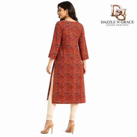 Terracotta Ajrakh-Geometry Kurta with Chevron Placket