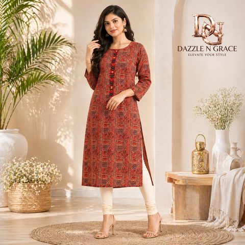 Terracotta Ajrakh-Geometry Kurta with Chevron Placket
