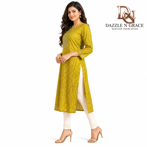 Bandhej Print Kurti with Zari Panel Work