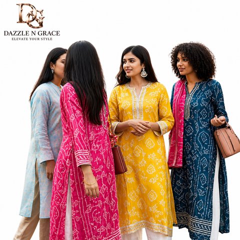 Bandhej Print Kurti with Zari Panel Work