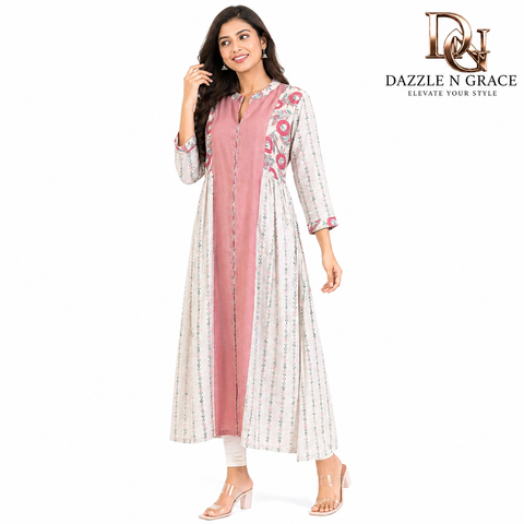 Pastel Pink & Cream Printed Long Kurti with Front Panel Design