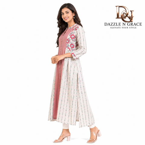 Pastel Pink & Cream Printed Long Kurti with Front Panel Design