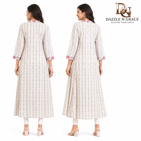 Pastel Pink & Cream Printed Long Kurti with Front Panel Design