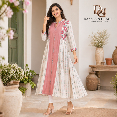 Pastel Pink & Cream Printed Long Kurti with Front Panel Design