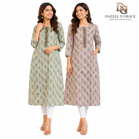 Sage Olive & Brown Geometric Diamond Print Kurta with Pintuck Placket | Casual Office Ethnic Wear