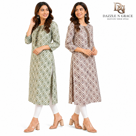 Sage Olive & Brown Geometric Diamond Print Kurta with Pintuck Placket | Casual Office Ethnic Wear