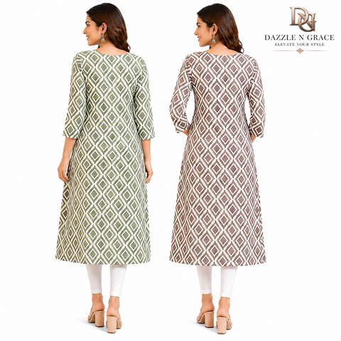 Sage Olive & Brown Geometric Diamond Print Kurta with Pintuck Placket | Casual Office Ethnic Wear