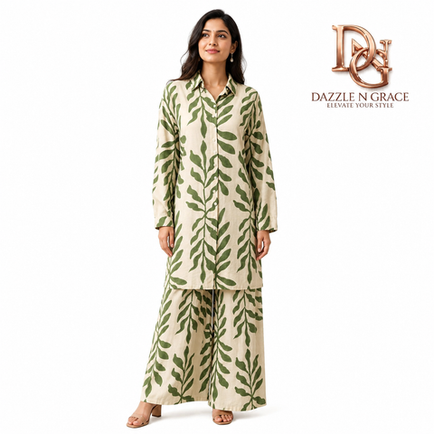 Thailand Women Long Printed Shirt with Pant Set | Rayon Leaf Print Free Size | Casual Travel Brunch