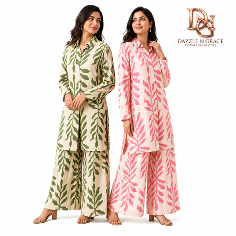Thailand Women Long Printed Shirt with Pant Set | Rayon Leaf Print Free Size | Casual Travel Brunch