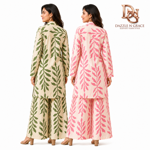 Thailand Women Long Printed Shirt with Pant Set | Rayon Leaf Print Free Size | Casual Travel Brunch