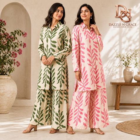 Thailand Women Long Printed Shirt with Pant Set | Rayon Leaf Print Free Size | Casual Travel Brunch
