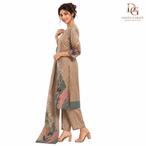 Elegant Beige Artistic Printed Salwar Suit with Dupatta | Casual Festive Ethnic Wear for Women