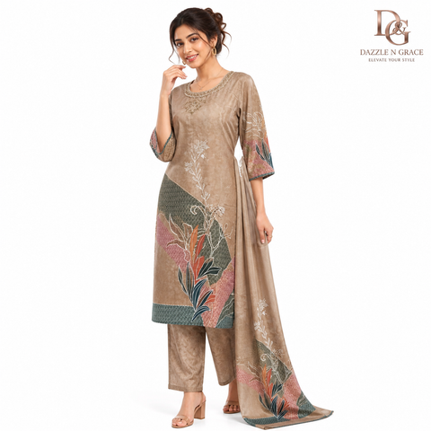 Elegant Beige Artistic Printed Salwar Suit with Dupatta | Casual Festive Ethnic Wear for Women