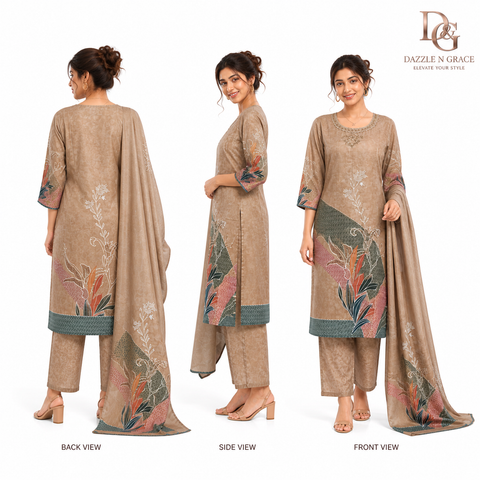 Elegant Beige Artistic Printed Salwar Suit with Dupatta | Casual Festive Ethnic Wear for Women