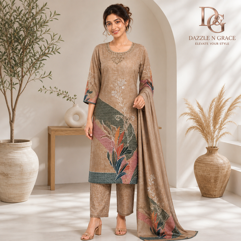Elegant Beige Artistic Printed Salwar Suit with Dupatta | Casual Festive Ethnic Wear for Women