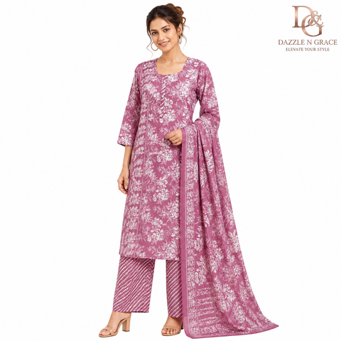 Dusty Rose Floral Printed Straight Kurti with Stripe Panel Placket, Pant & Dupatta | Casual Ethnic Wear