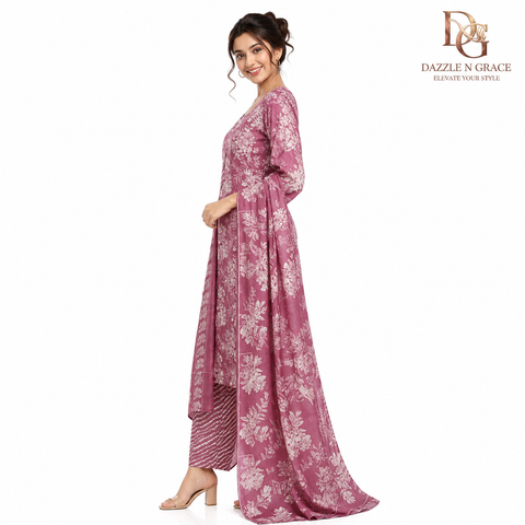 Dusty Rose Floral Printed Straight Kurti with Stripe Panel Placket, Pant & Dupatta | Casual Ethnic Wear