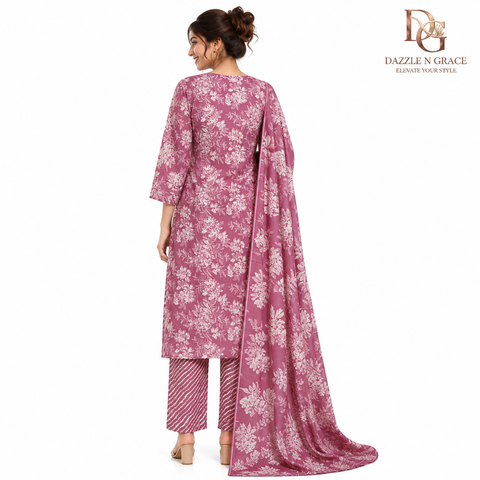 Dusty Rose Floral Printed Straight Kurti with Stripe Panel Placket, Pant & Dupatta | Casual Ethnic Wear