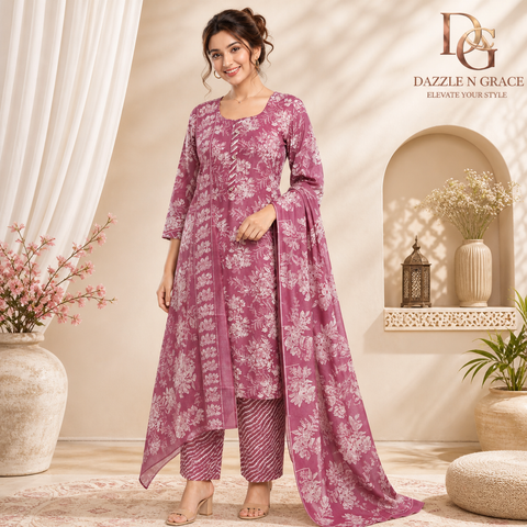 Dusty Rose Floral Printed Straight Kurti with Stripe Panel Placket, Pant & Dupatta | Casual Ethnic Wear